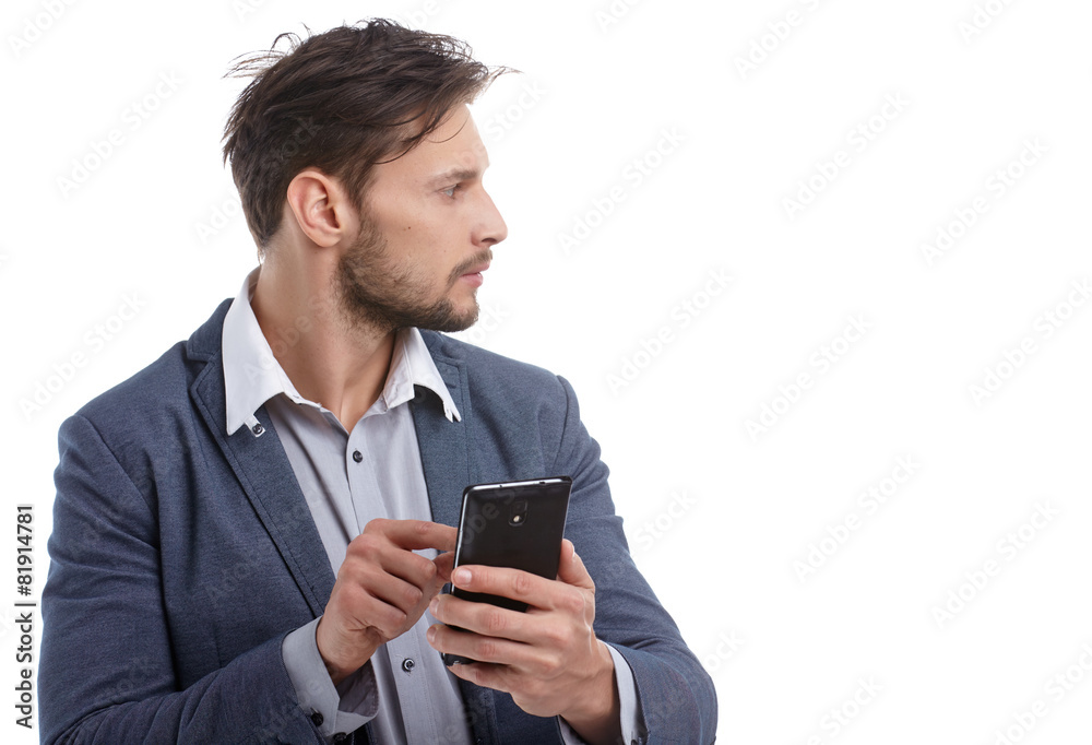 Portrait Of Happy Young Man Using Cell Phone Isolated On White B Portrait Of Happy Young Man Using Cell Phone Isolated On White B