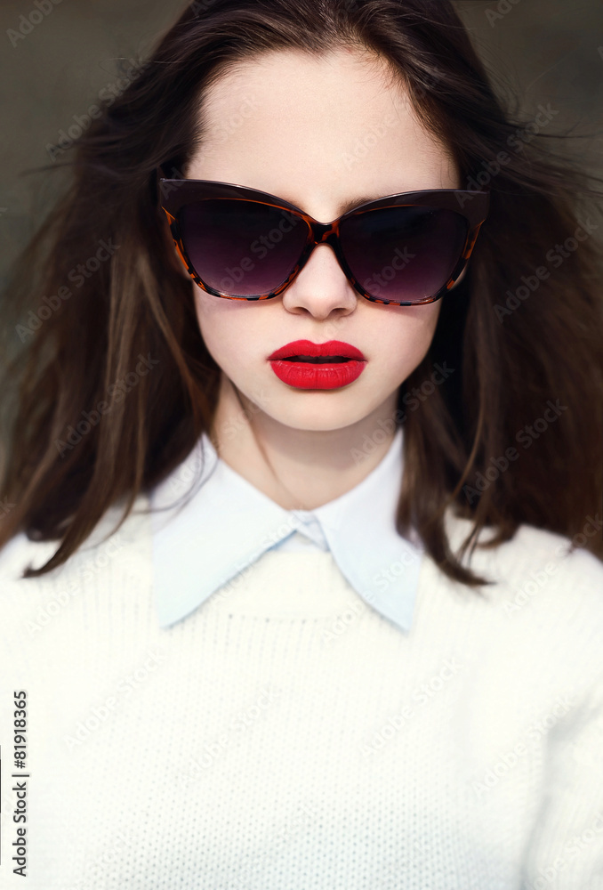 portrait of beautiful girl in sunglasses with red lips portrait of beautiful girl in sunglasses with red lips