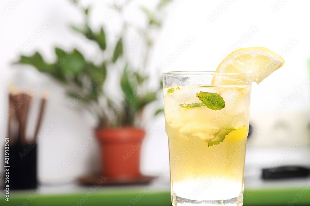 Glass of lemonade with the slice of lemon and mint Glass of lemonade with the slice of lemon and mint