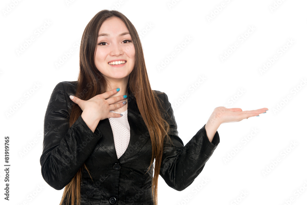 Young woman showing product with open hand palm Young woman showing product with open hand palm