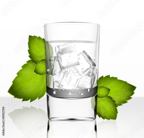 Vector glass of water with ice and mint