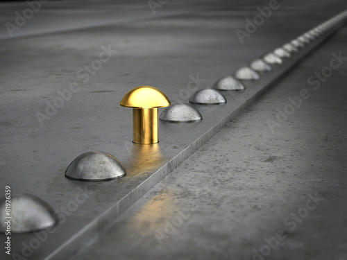 Row of rivets on the metal grunge background Leadership concept photo