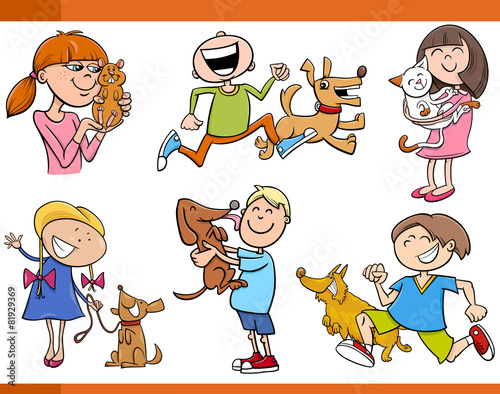 kids with pets cartoon set