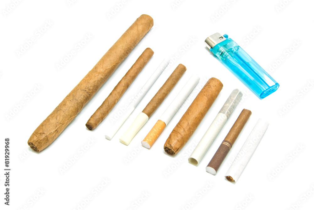 plastic lighter and cigars on white
