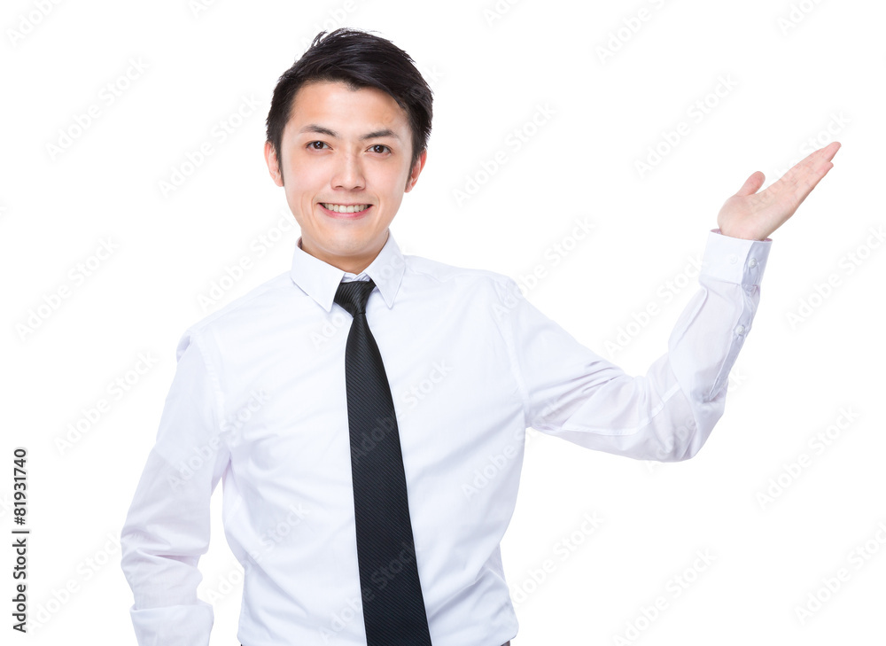 Businessman with hand show with something Businessman with hand show with something