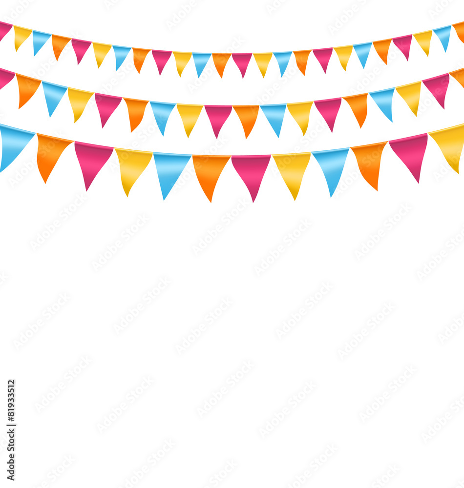 Multicolored bright buntings garlands isolated on white backgrou