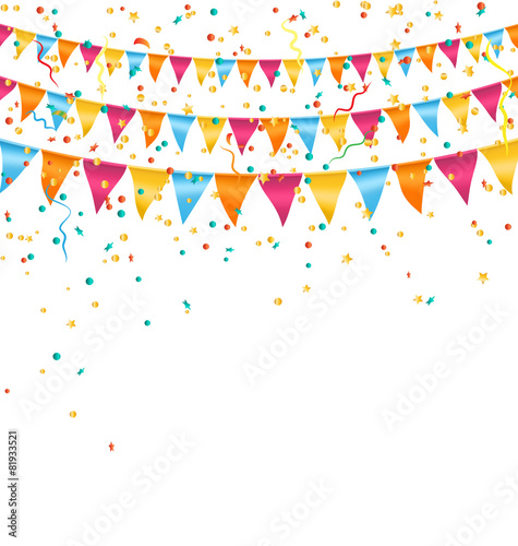 Multicolored bright buntings garlands with confetti isolated on