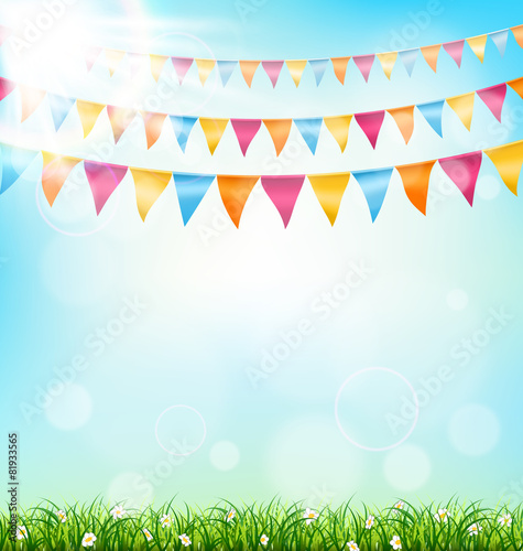 Celebration background with buntings grass and sunlight on sky b