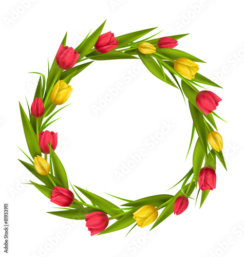 Circle frame with tulips red and yellow flowers isolated on whit