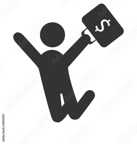 Business finance icon with jumping man with suitcase with money