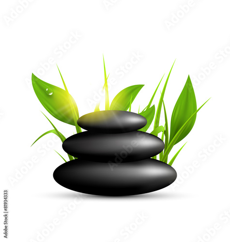 Stack of spa stones with grass and sunshine isolated on white ba