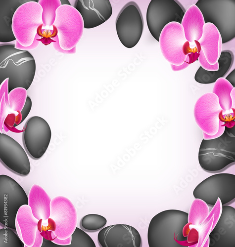 Spa stones with orchids pink flowers like frame on pink backgrou