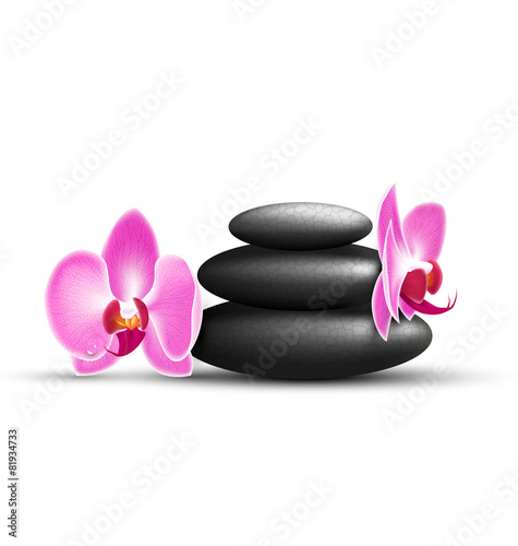 Stack of spa stones with orchid pink flowers isolated on white b