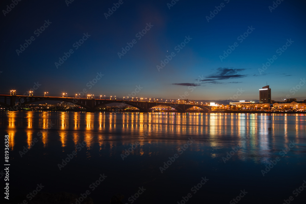 Decline, river Yenisei, municipal bridge view of the city