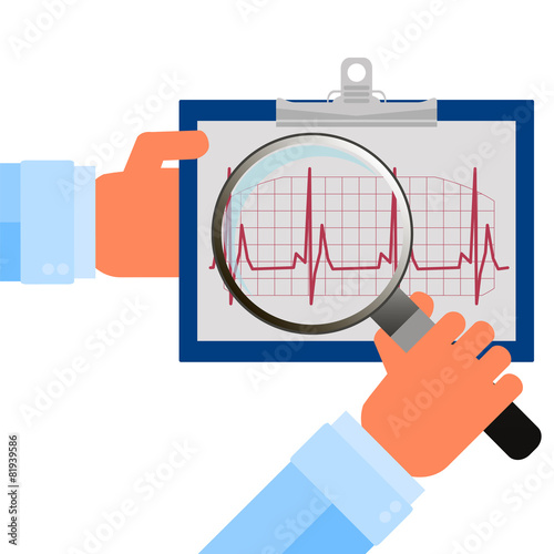 Heart checkup, magnifying glass on an ecg diagram