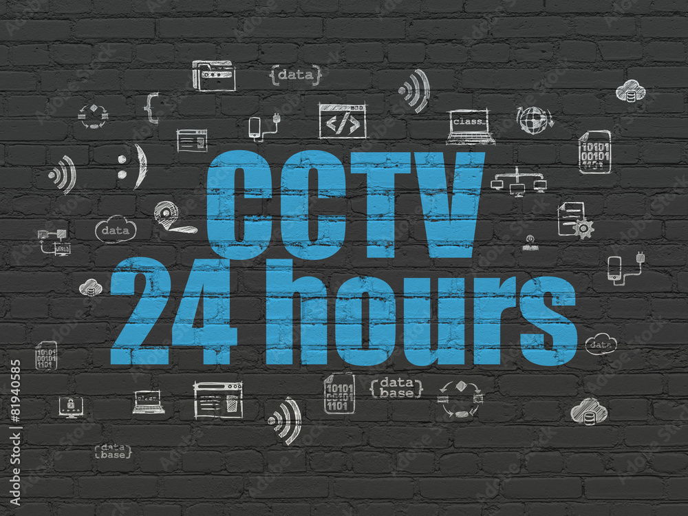 Safety concept: CCTV 24 hours on wall background Safety concept: CCTV 24 hours on wall background