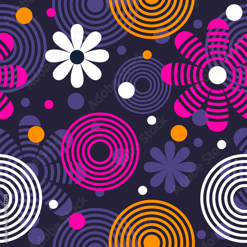 Fototapeta Naklejka Na Ścianę i Meble -  Bright seamless pattern with flowers and circles.