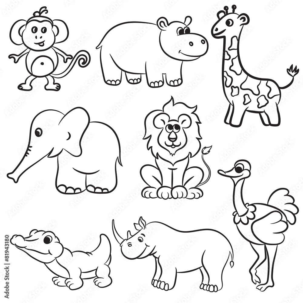 Cute outlined zoo animals collection. Vector illustration.