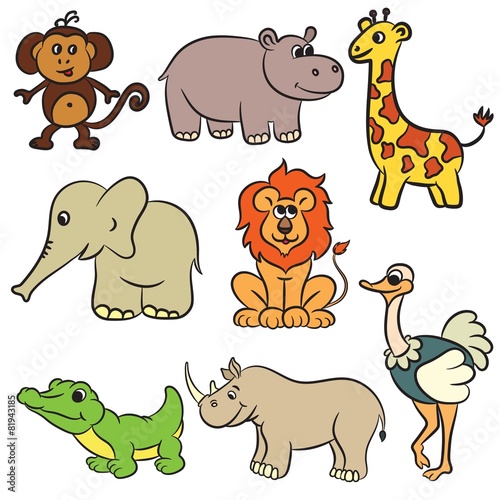 Cute outlined zoo animals collection. Vector illustration.