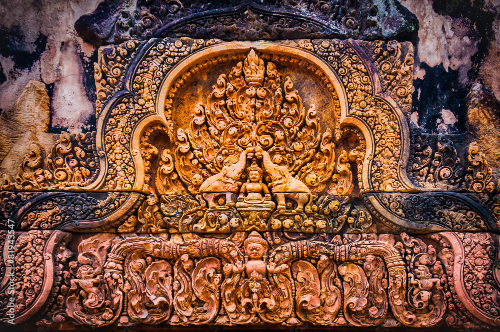 Angkor Banteay Srei temple close-up carving, Cambodia