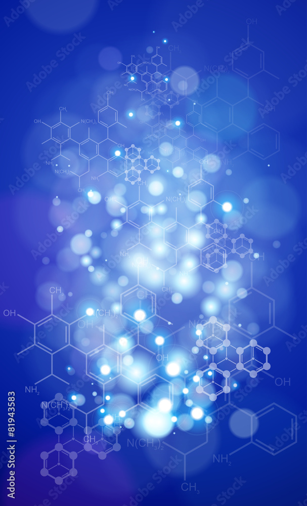 Blue radial technology background & chemical formulas - obrazy, fototapety, plakaty 