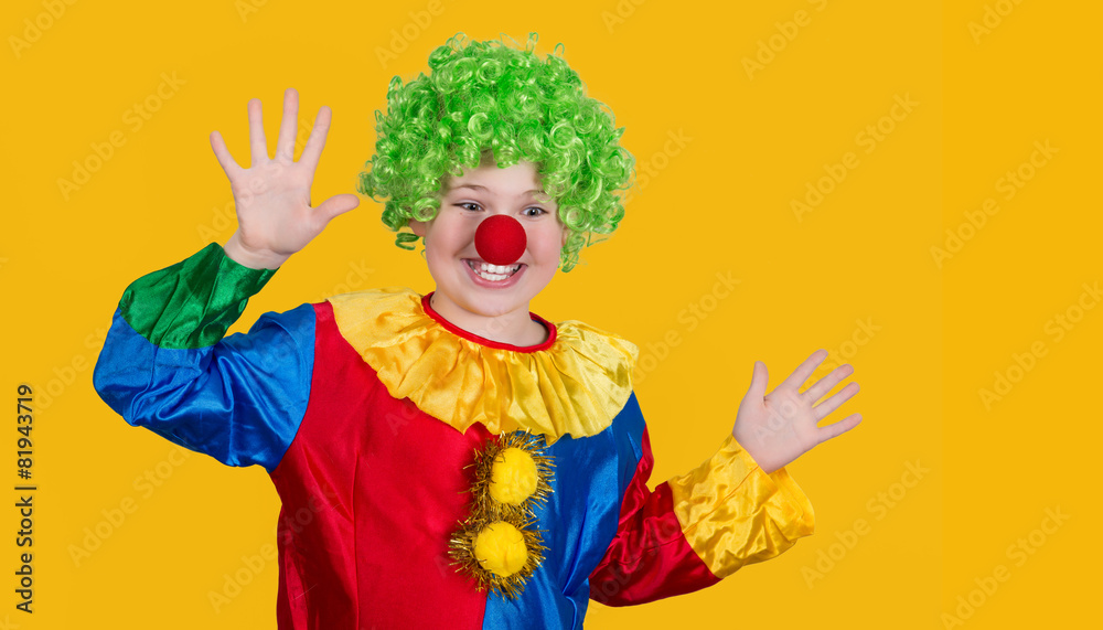 Portrait of a screaming clown with copyspace on yellow.
