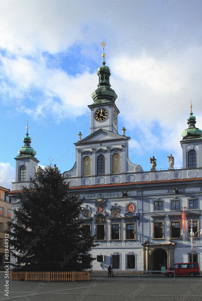 Fototapeta premium Christmas fir-tree, town hall. Ceske Budejovice, Czech Republic