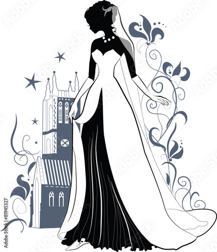 Ornate Bride  Silhouette hand drawing with bow