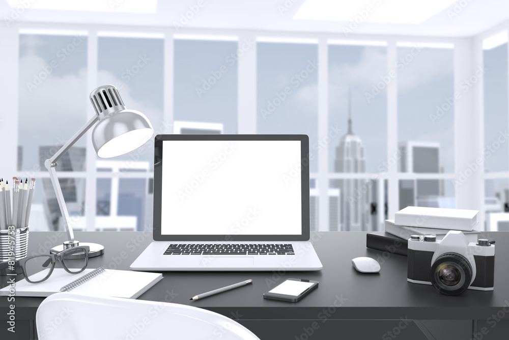 3D illustration laptop on table in office, Workspace 3D illustration laptop on table in office, Workspace