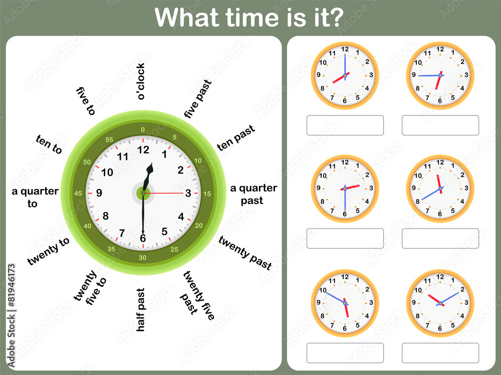 Telling time worksheet. write the time shown on the clock Stock Vector