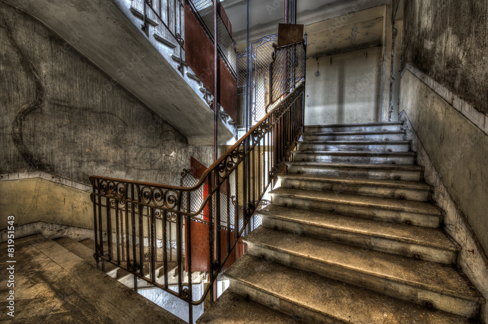 Derelict stairwell in an abandoned building