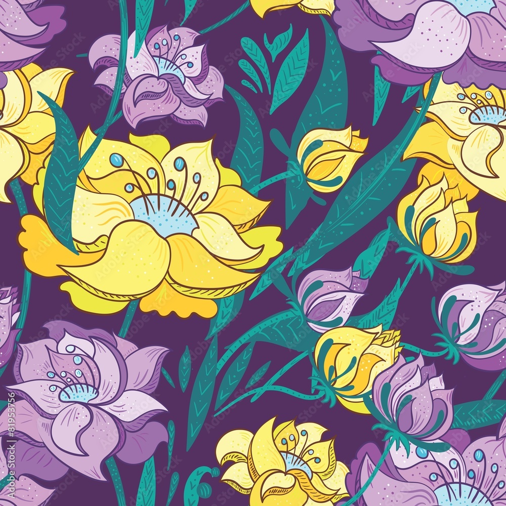 Obraz premium Purple and Yellow Peony Vector Pattern