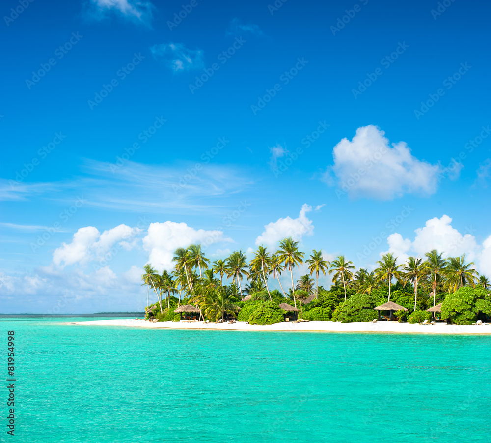 Tropical island beach with palm trees and cloudy blue sky