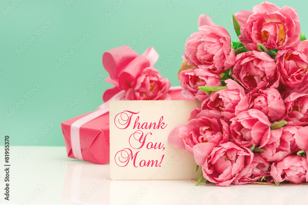 Pink tulips, gift ang greeting card. Mothers Day concept