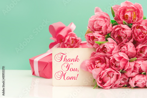 Pink tulips, gift ang greeting card. Mothers Day concept