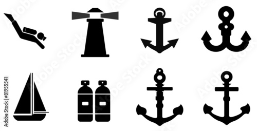 Activités nautiques et ancres en 8 icônes