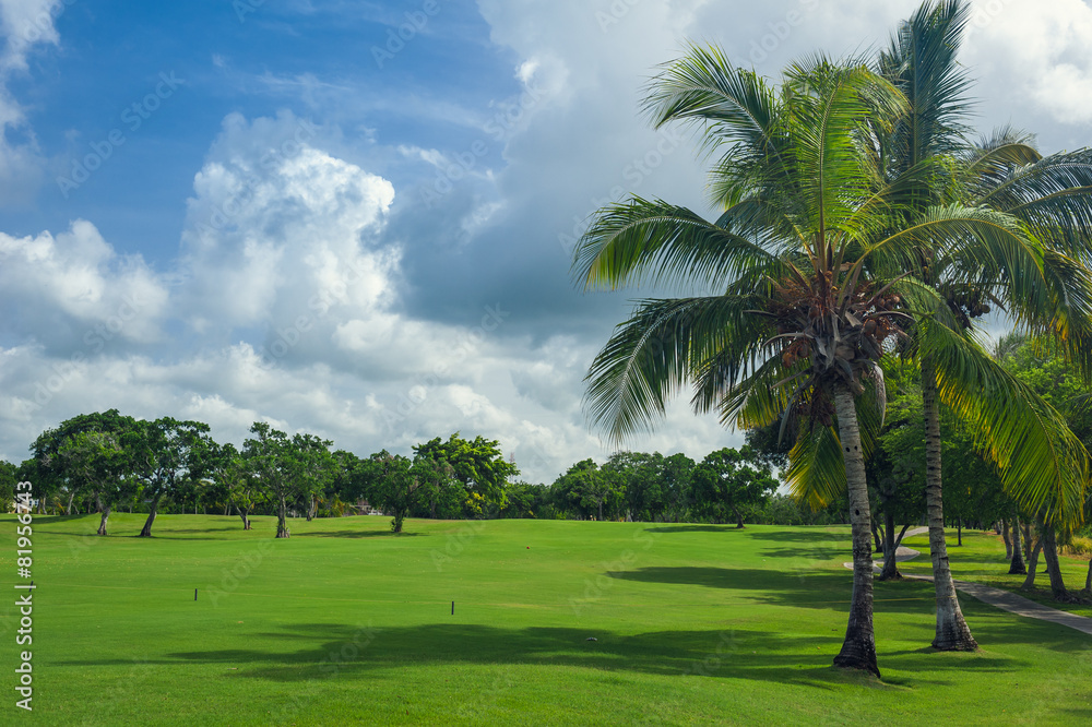 Golf course in Dominican republic. field of grass and coconut Golf course in Dominican republic. field of grass and coconut