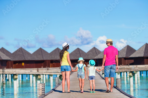 Back view of beautiful family on wooden jetty during summer