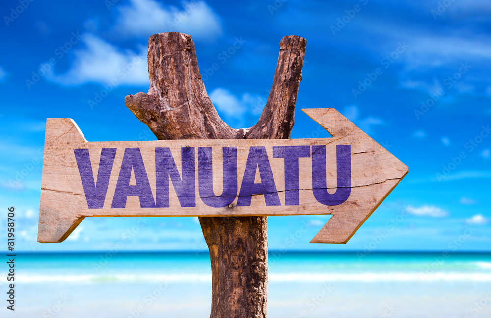 Vanuatu wooden sign with beach background
