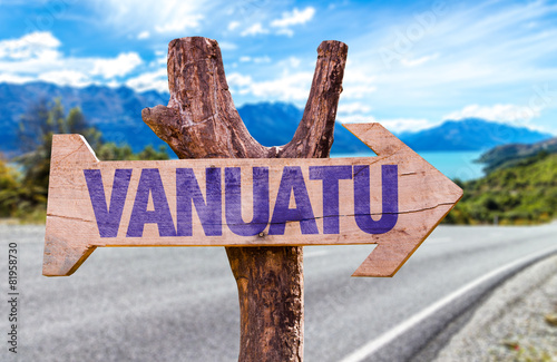 Vanuatu wooden sign with road background