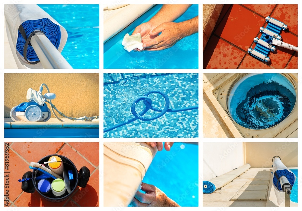 collage maintenance of a private pool - obrazy, fototapety, plakaty 