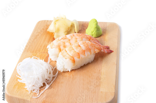 Traditional japanese food, Shrimp sushi or Ebi Nigiri on wooden