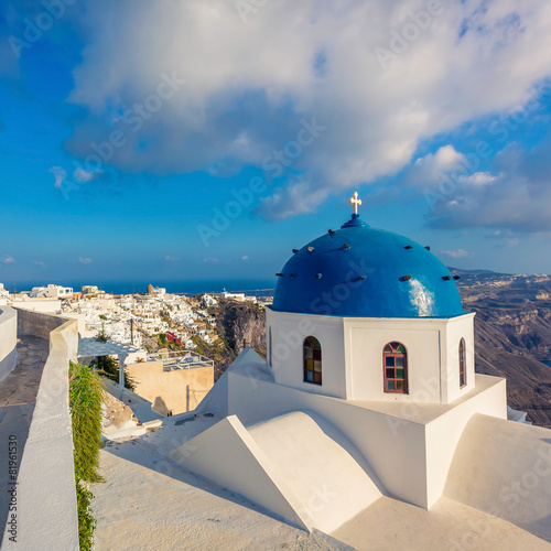 Santorini Island blue dome church view, Greece