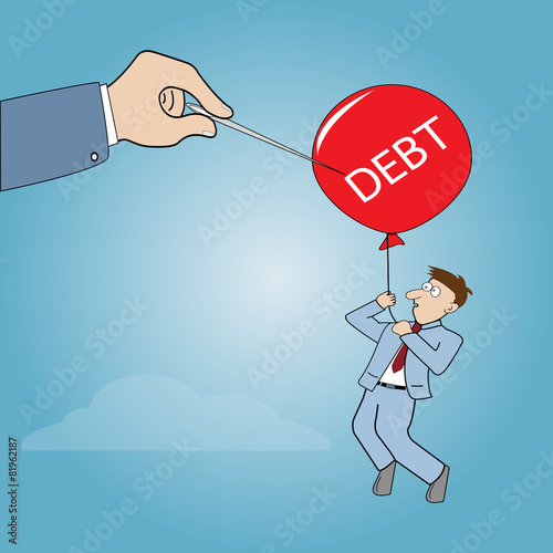 Cartoon Businessman flying away by using red balloon