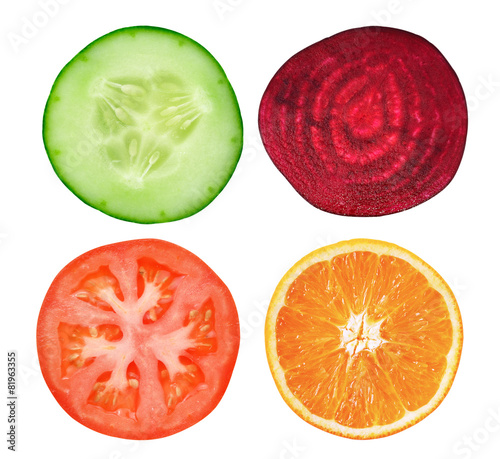 slice cucumber,tomato,orange and beetroot on white