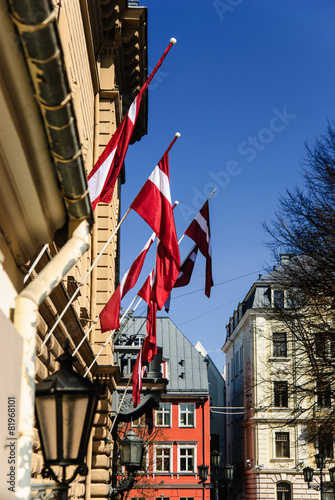 Latvian national flags at Riga old town, Riga, Latvia