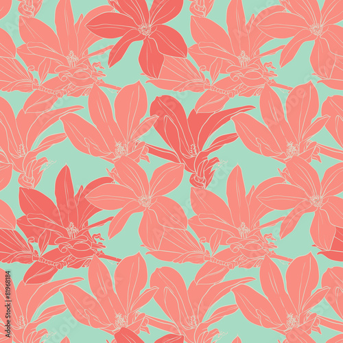 Vintage magnolia flowers seamless pattern.