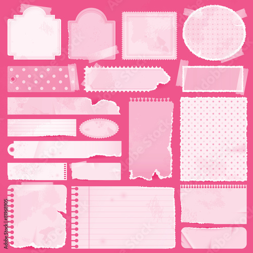 Various pink remnant pieces of paper, scrapbook, and note board