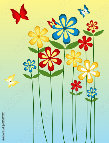 Summer background with swirls, flowers and butterflies