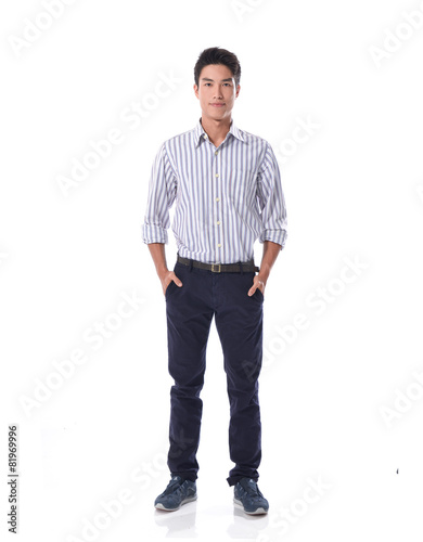 Full length portrait of a smiling male on white background